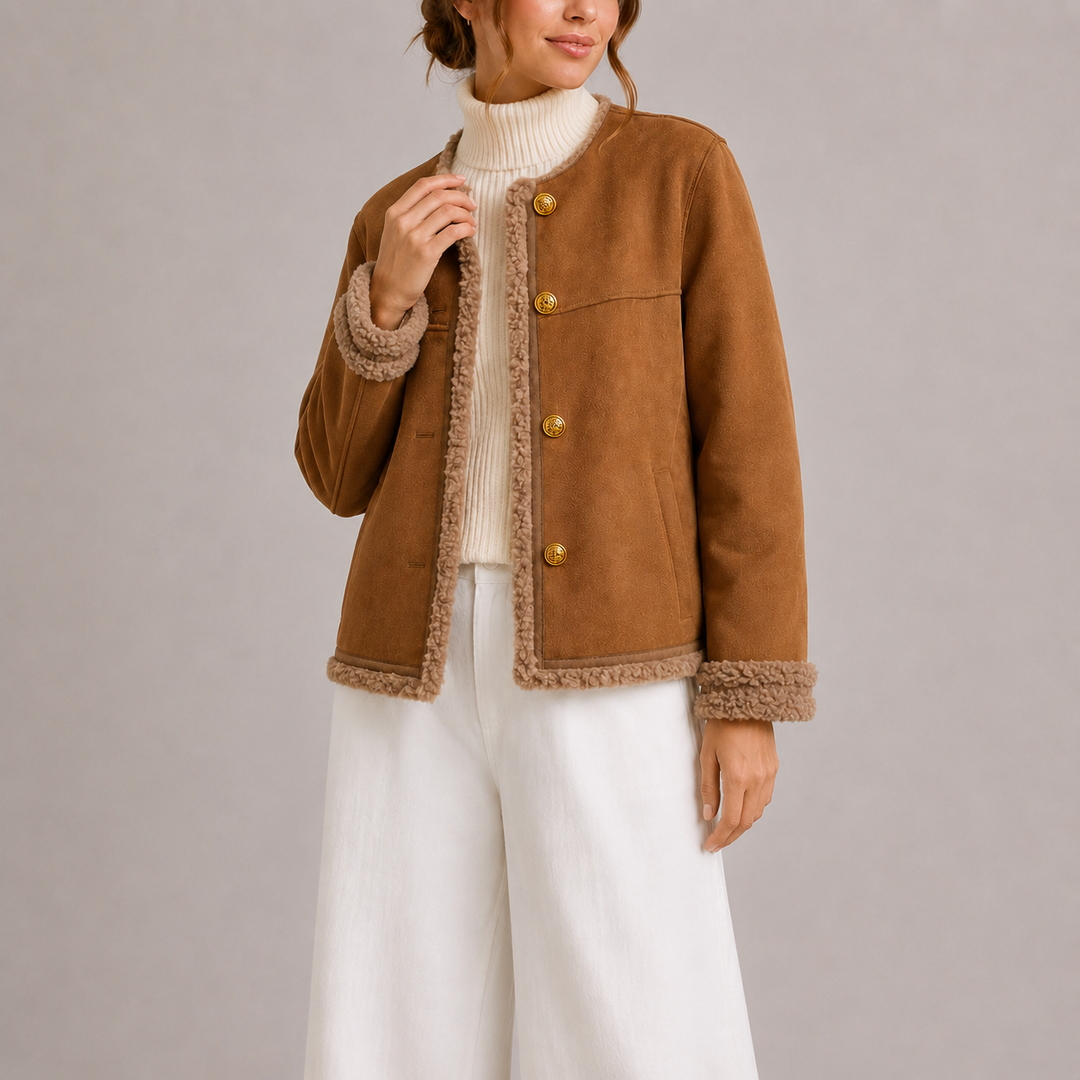 Women’s Faux Suede Fall Jacket with Shearling Trim