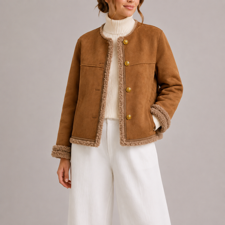 Women’s Faux Suede Fall Jacket with Shearling Trim