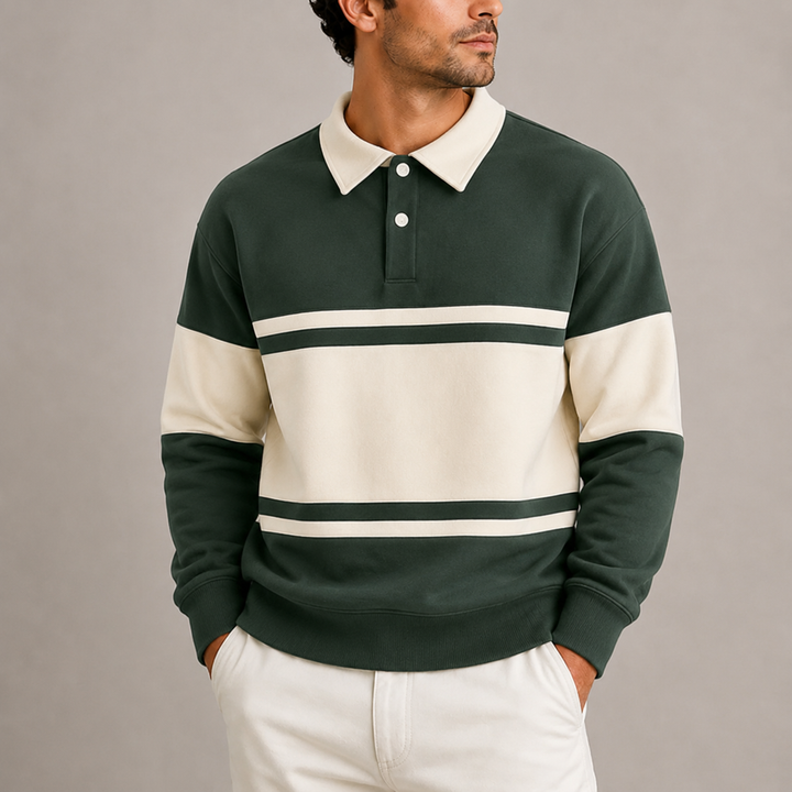 Men’s Retro Color Block Polo Sweatshirt – Long Sleeve
