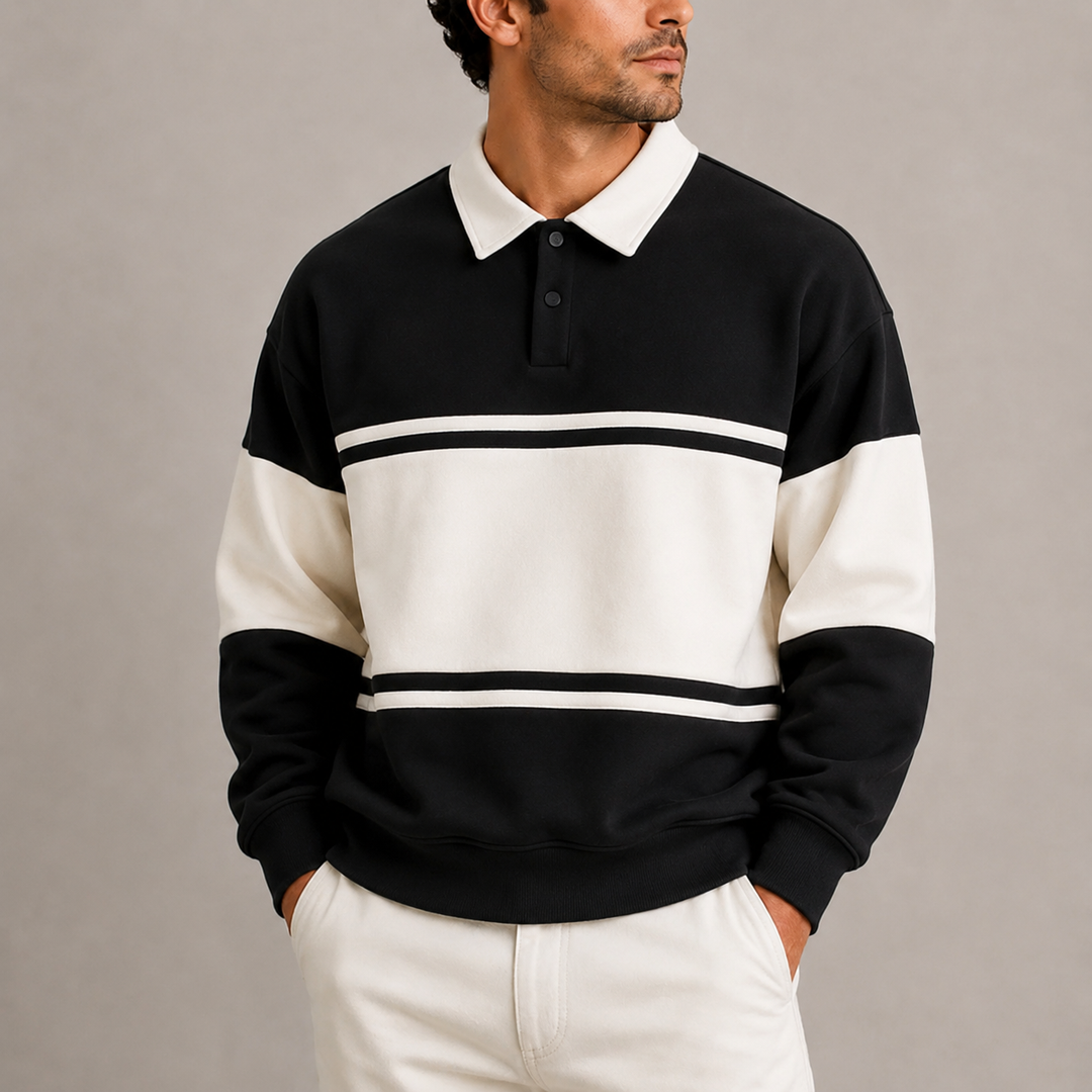 Men’s Retro Color Block Polo Sweatshirt – Long Sleeve