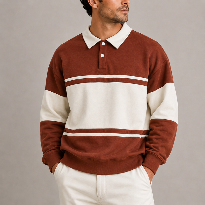 Men’s Retro Color Block Polo Sweatshirt – Long Sleeve
