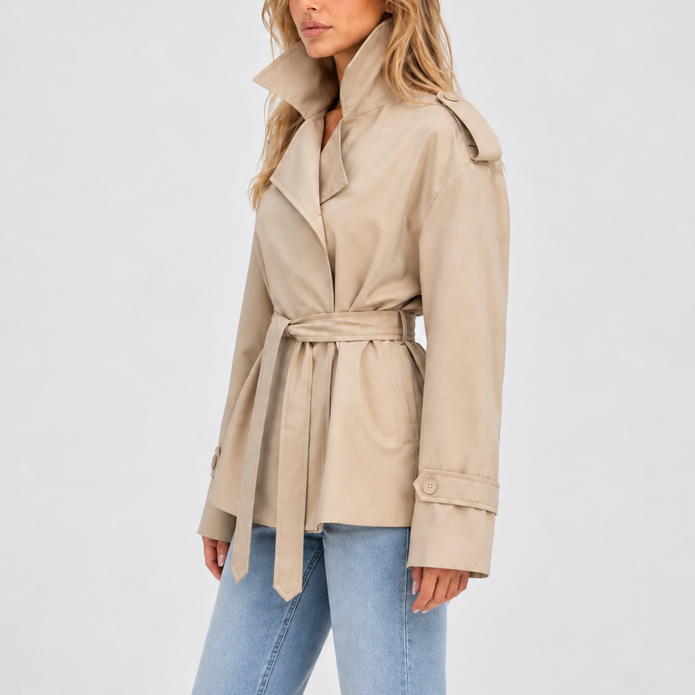 Women’s Short Double-Breasted Trench Coat with Belt