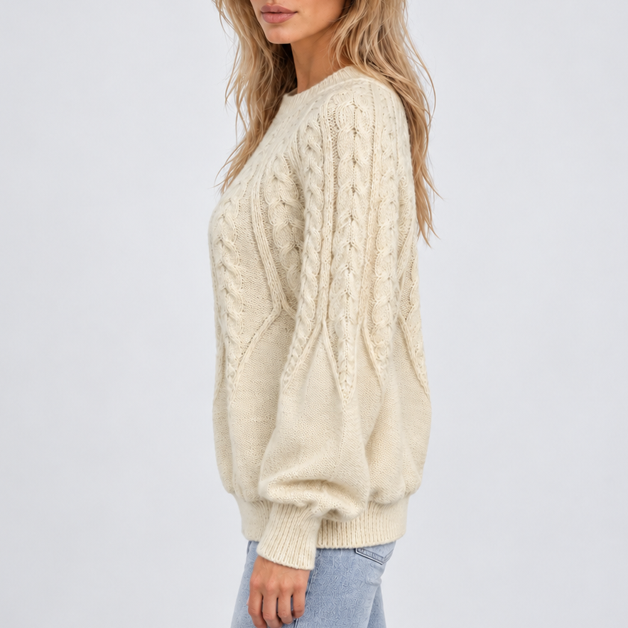 Women’s Cable Knit Crew Neck Sweater with Balloon Sleeves