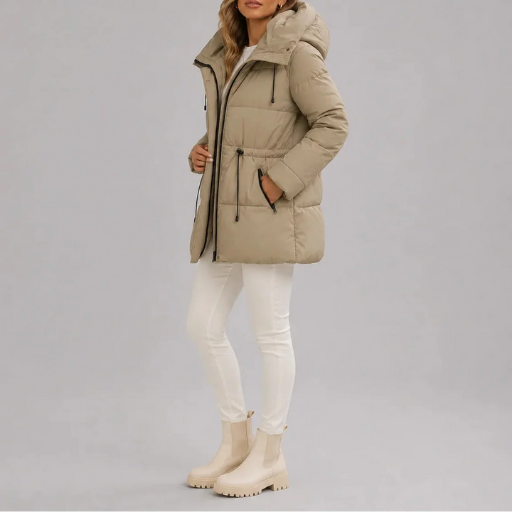Women's Hooded Puffer Coat with Drawstring Waist and Zip Pockets