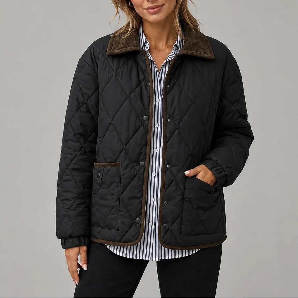 Women's Diamond Quilted Jacket with Corduroy Collar and Pockets