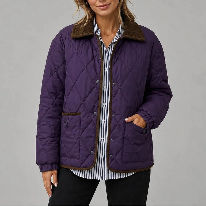 Women's Diamond Quilted Jacket with Corduroy Collar and Pockets