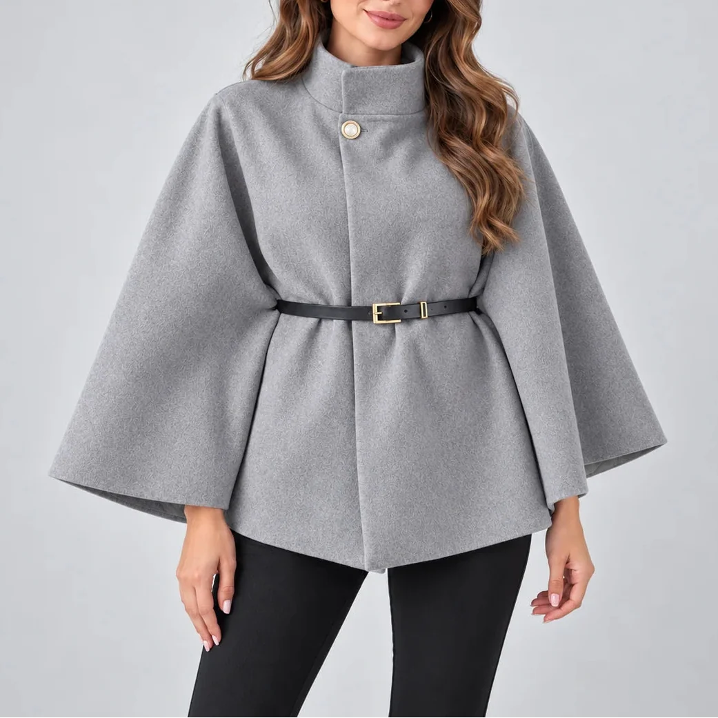 Women's Elegant High Neck Cape Coat – Belted Wool Look Jacket
