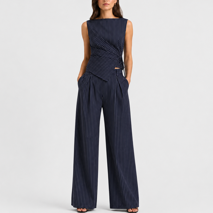 Women's Pinstripe Co Ord Set Wrap Top Wide Leg Pants