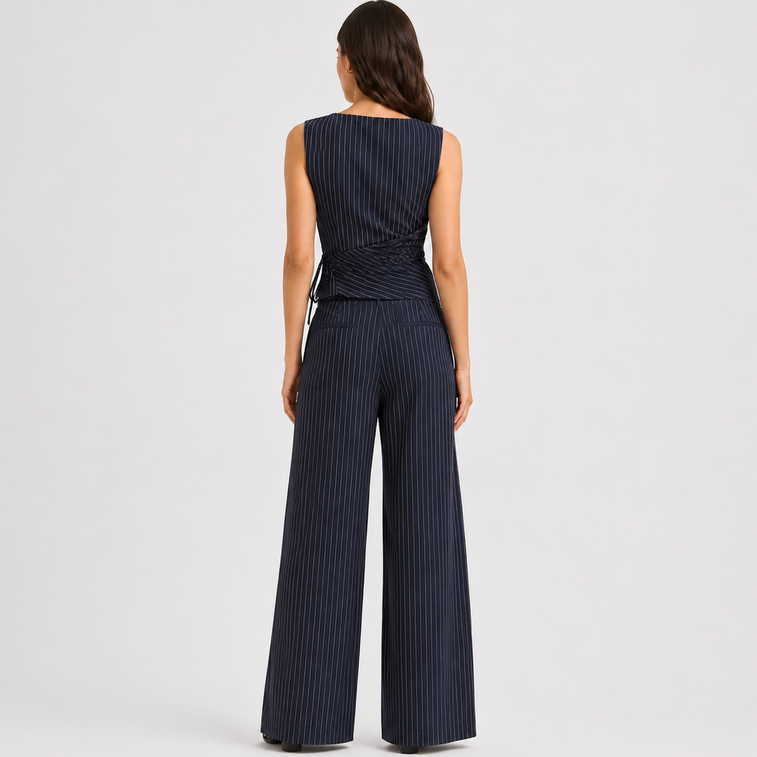 Women's Pinstripe Co Ord Set Wrap Top Wide Leg Pants