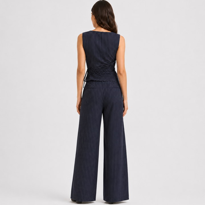 Women's Pinstripe Co Ord Set Wrap Top Wide Leg Pants
