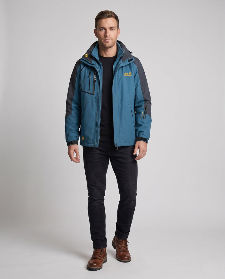 Men's three-in-one softshell fleece trekking jacket with removable hood