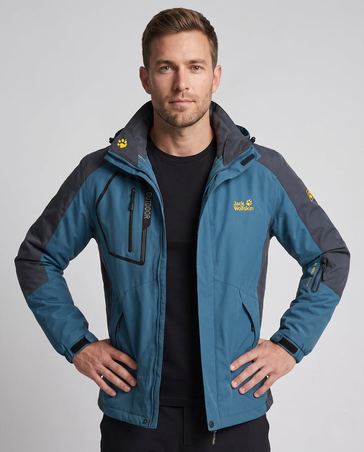 Men's three-in-one softshell fleece trekking jacket with removable hood