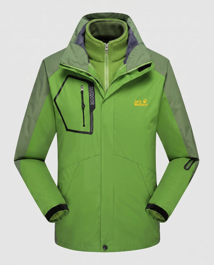 Men's three-in-one softshell fleece trekking jacket with removable hood