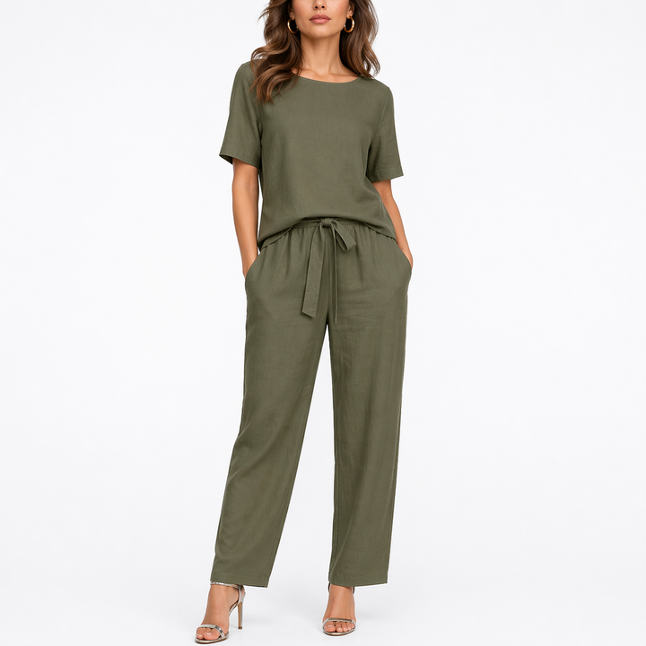 Women’s Two-Piece Set with Short-Sleeve Top and Pants