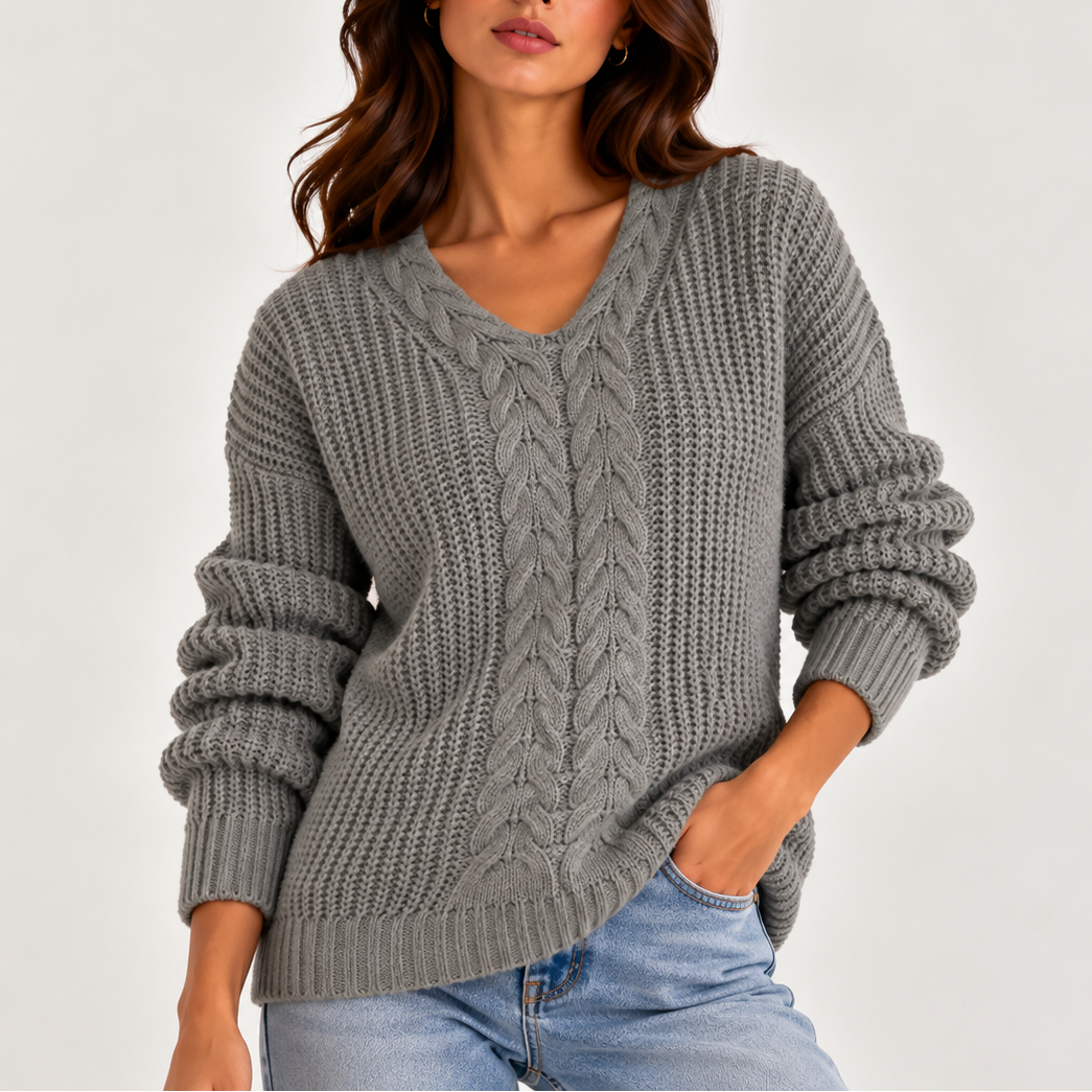 Women’s Cable Knit V-Neck Sweater – Long Sleeve Knitted Sweater