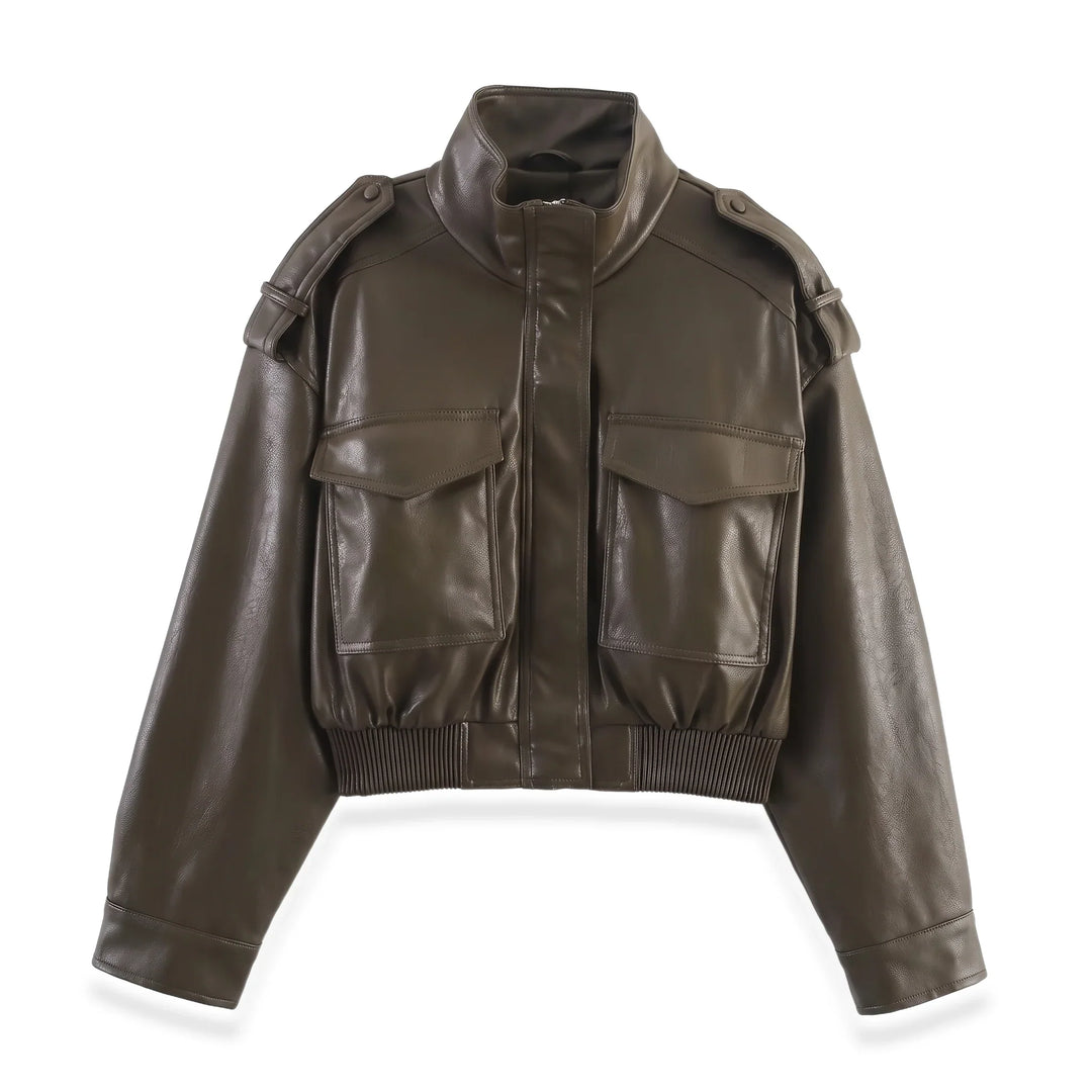 Women’s Cropped Bomber Jacket – Faux Leather with Ribbed Cuffs