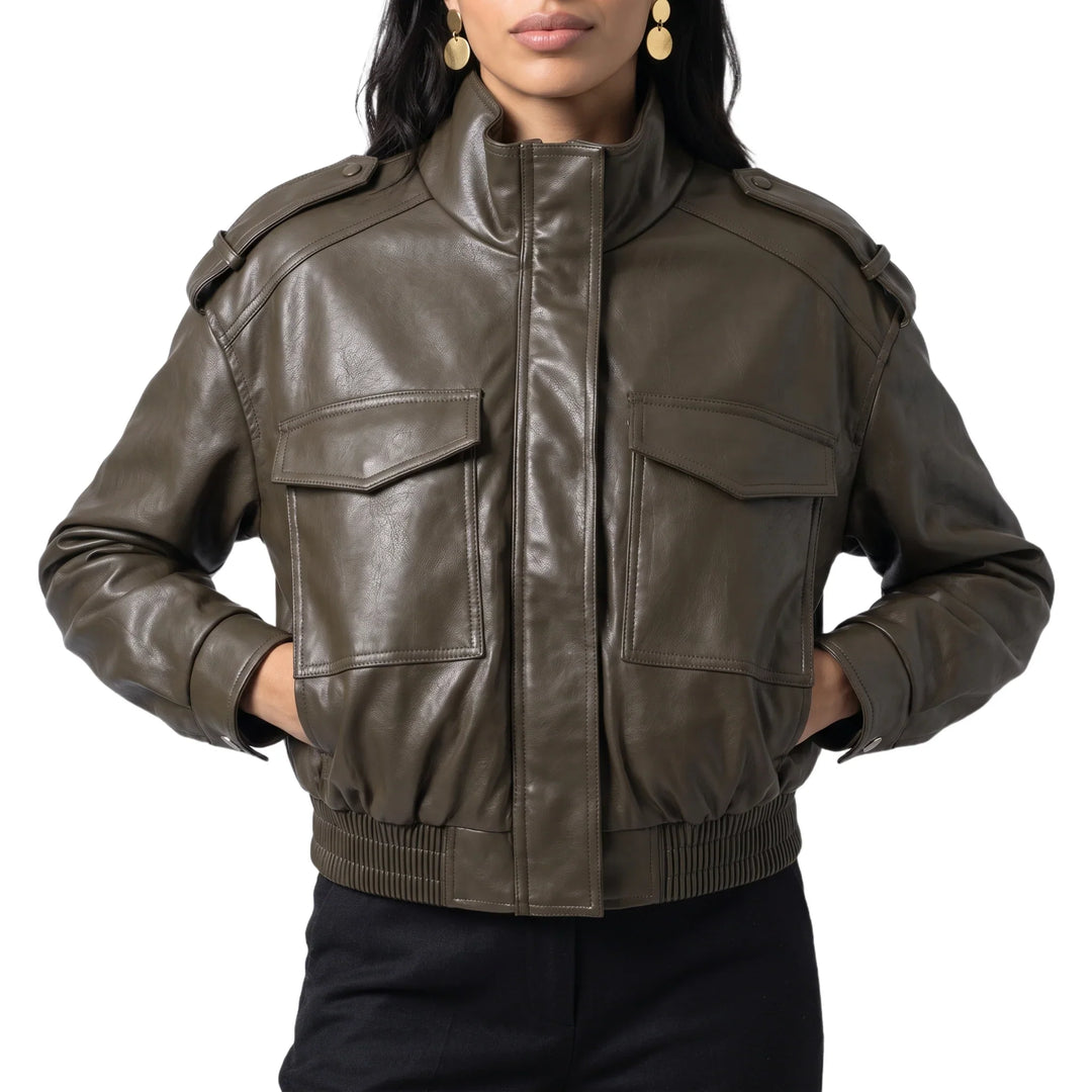 Women’s Cropped Bomber Jacket – Faux Leather with Ribbed Cuffs