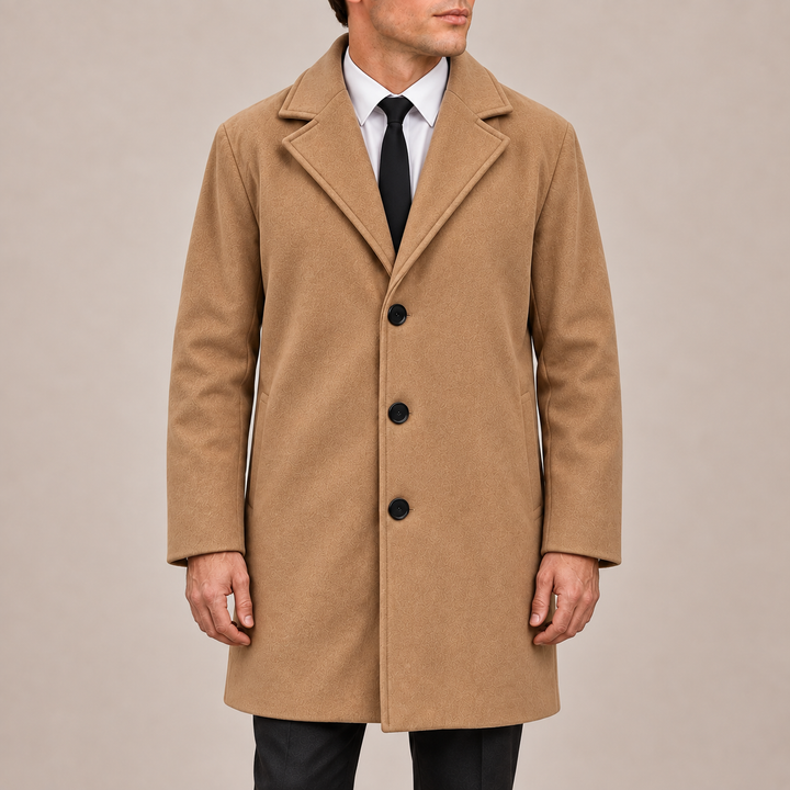 Men’s Single-Breasted Overcoat with Notched Lapels and Three Buttons