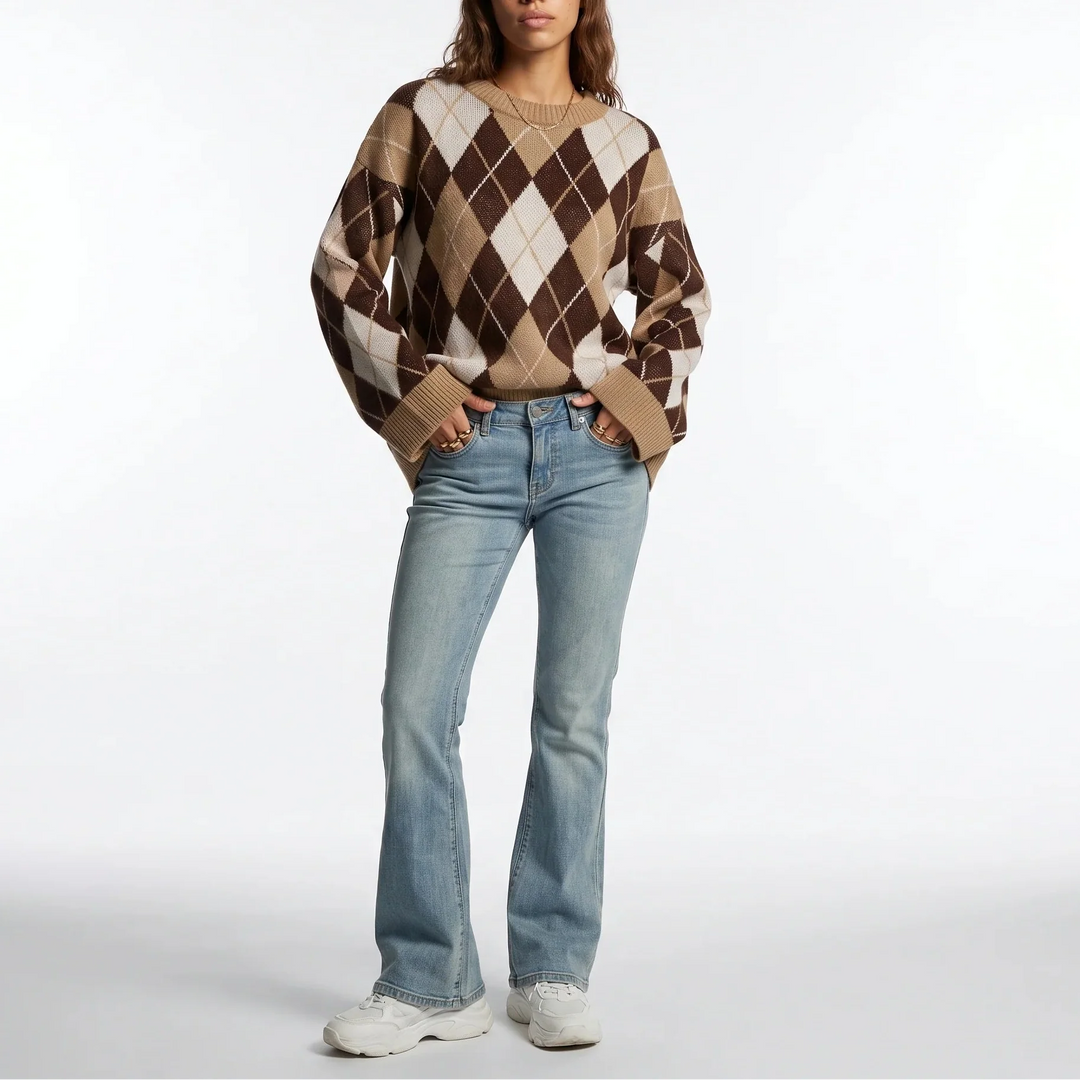 Women’s Diamond Pattern Knit Sweater – Round Neck Long Sleeve Sweater