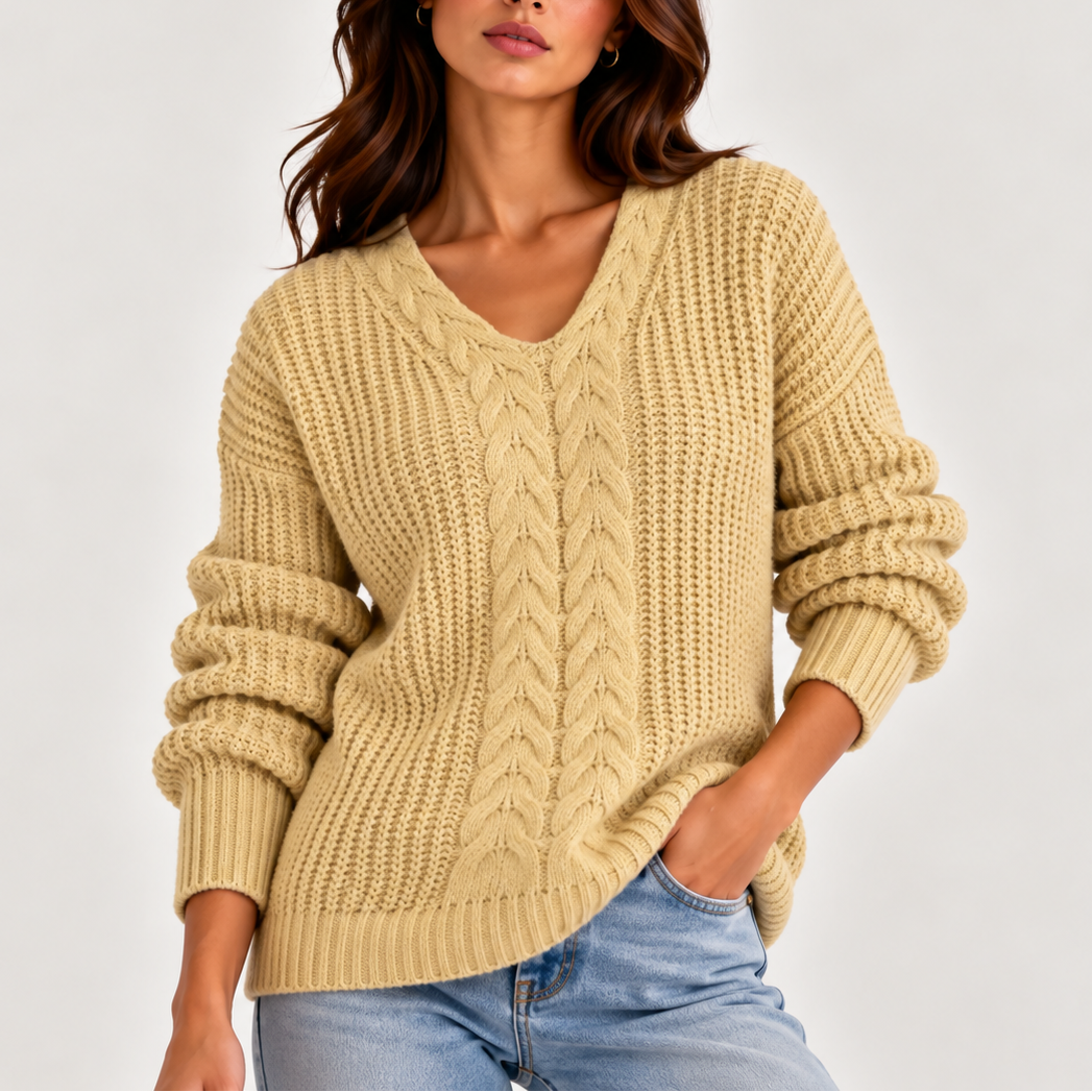Women’s Cable Knit V-Neck Sweater – Long Sleeve Knitted Sweater