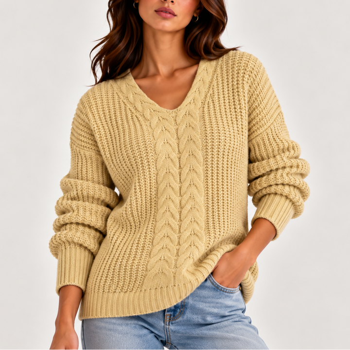 Women’s Cable Knit V-Neck Sweater – Long Sleeve Knitted Sweater