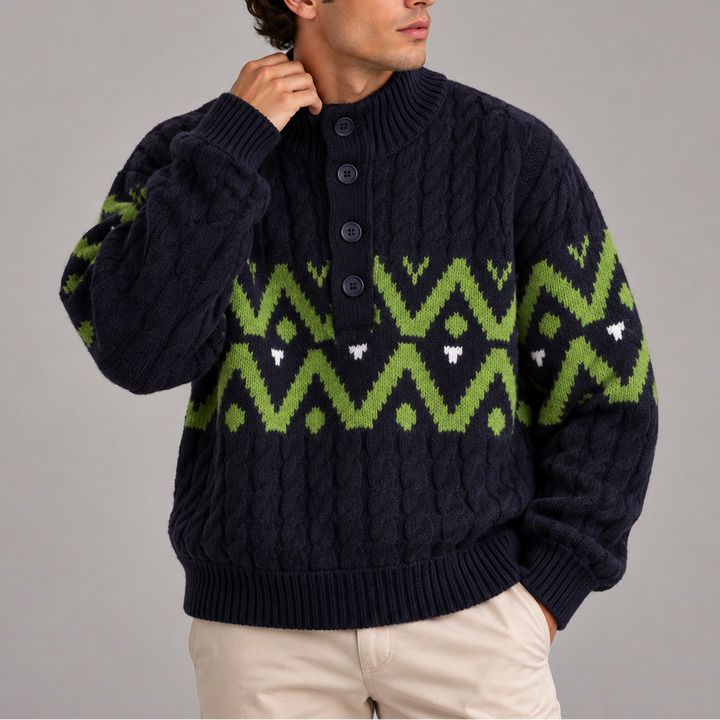 Men’s Cable Knit Half Button Sweater | Nordic Pattern Sweater