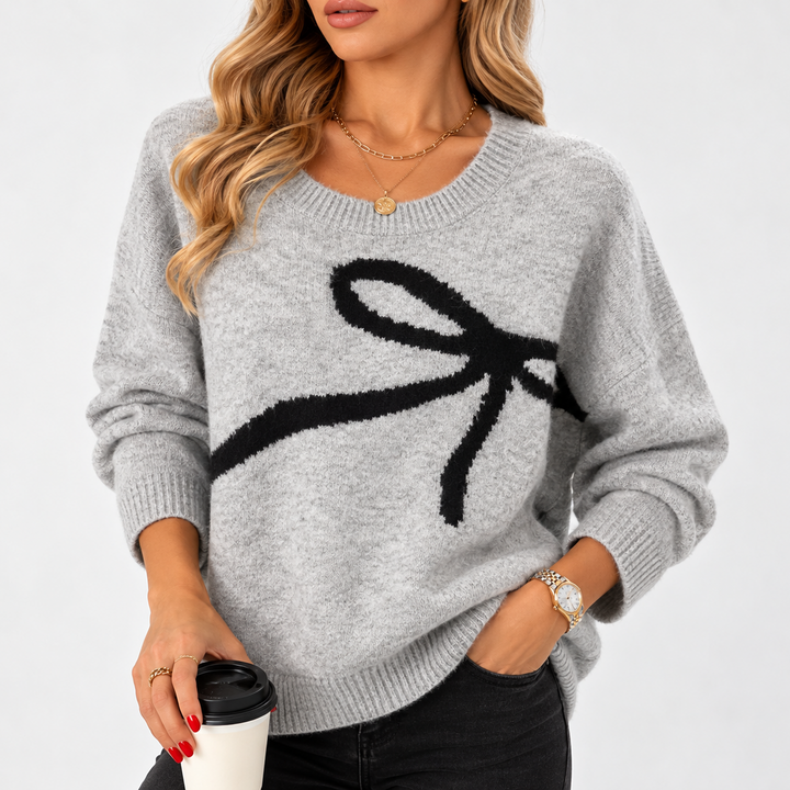 Women’s V-Neck Sweater | Oversized Knitted Sweater with Bow Print