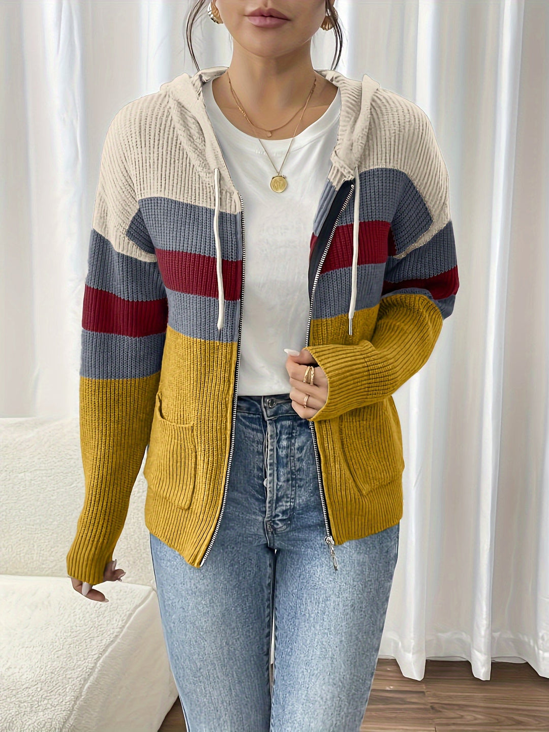 Susannah | Color-Block Hooded Zip Cardigan