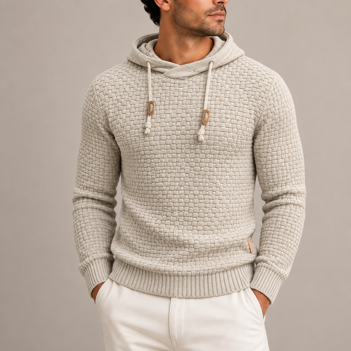 Men’s Textured Knit Pullover Hoodie with Drawstring and Ribbed Cuffs