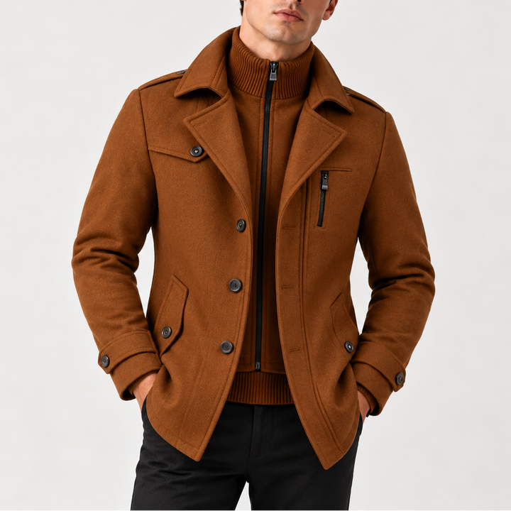 Men’s Winter Coat with High Collar, Zip and Button Fastening