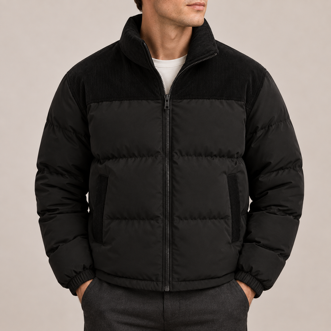 Men’s Puffer Jacket with Corduroy Collar & Panels