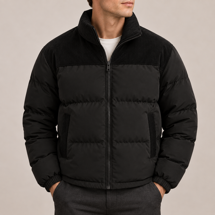 Men’s Puffer Jacket with Corduroy Collar & Panels