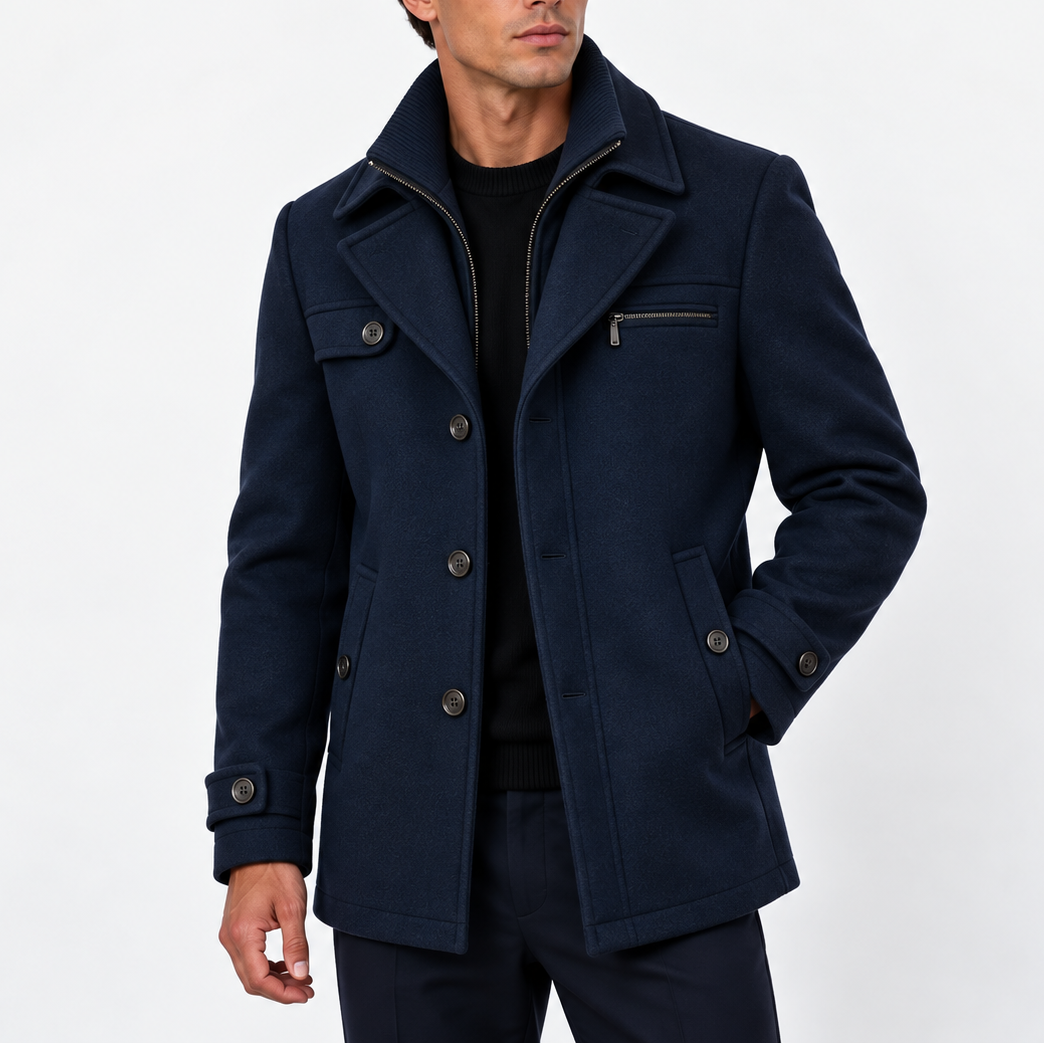 Men’s Wool Blend Coat with Zip Collar and Button Closure