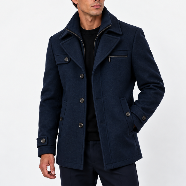 Men’s Wool Blend Coat with Zip Collar and Button Closure