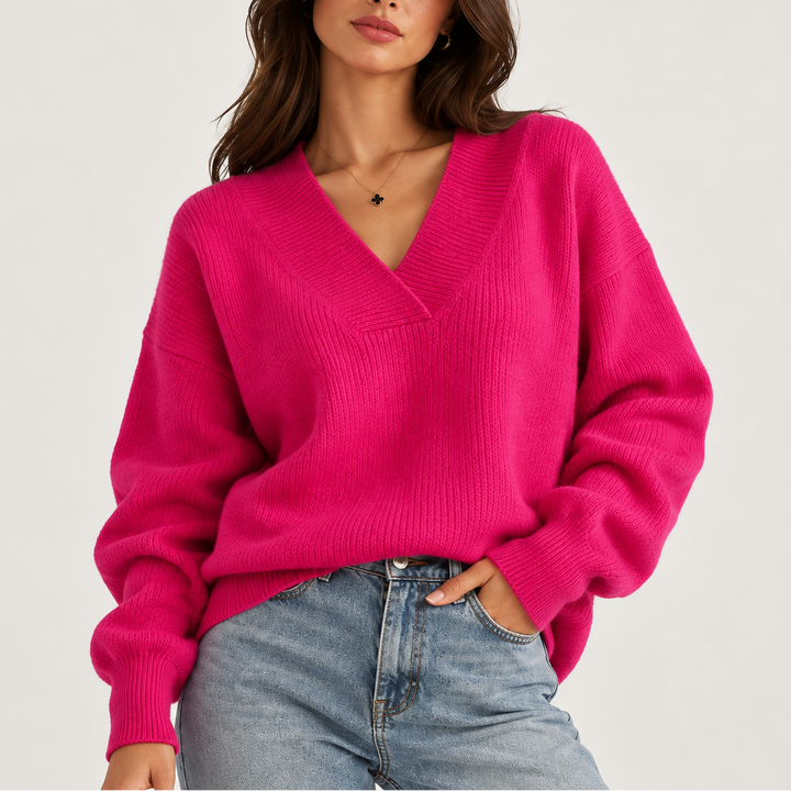 Women’s Oversized V-Neck Knitted Sweater – Soft Knit Sweater