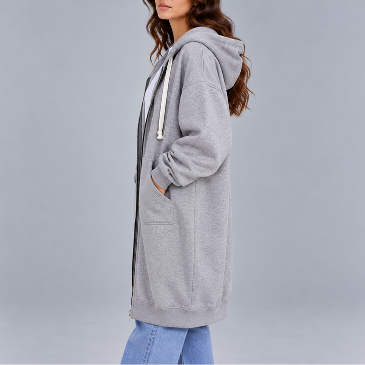 Women's Long Oversized Zip-Up Hoodie – Casual Hooded Sweatshirt Coat with Pockets