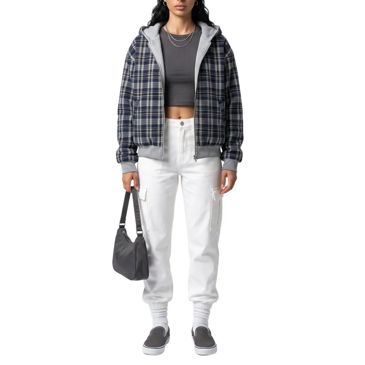 Women’s Reversible Cropped Hooded Jacket – Check Pattern Zip-Up Hoodie
