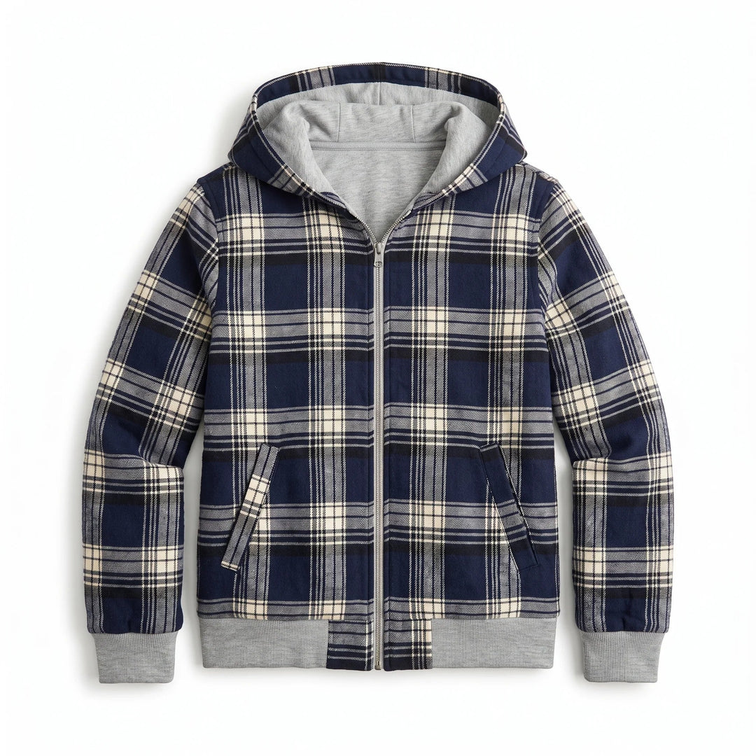 Women’s Reversible Cropped Hooded Jacket – Check Pattern Zip-Up Hoodie