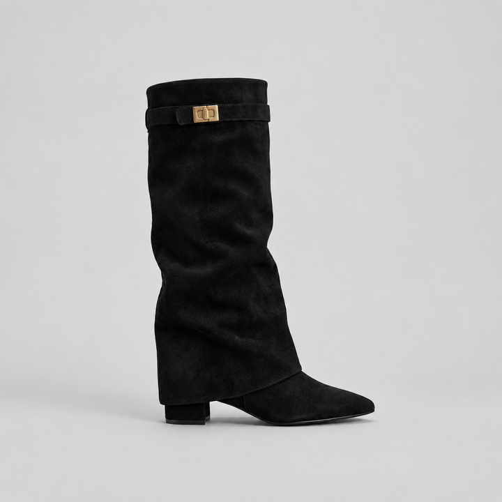 Women’s Knee High Boots with Low Block Heel & Gold Buckle Detail