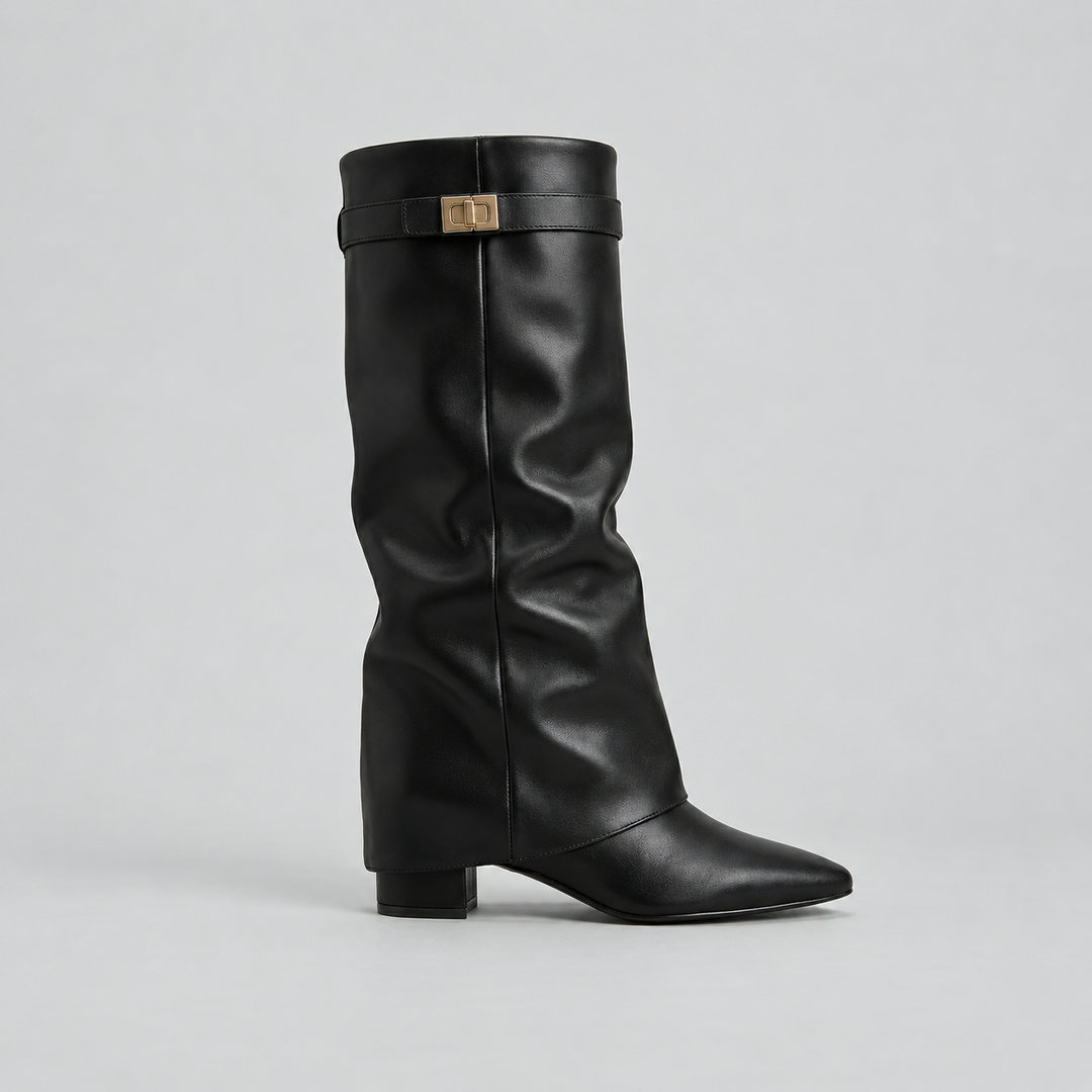 Women’s Knee High Boots with Low Block Heel & Gold Buckle Detail