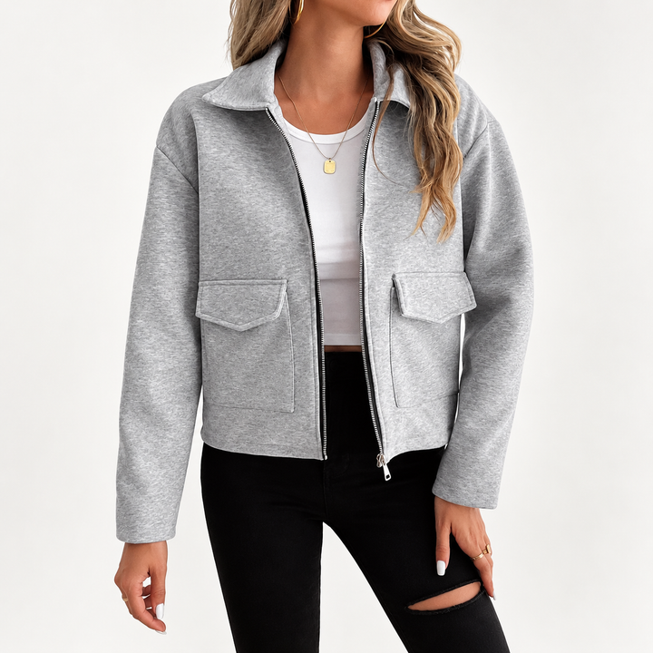 Women’s Gray Zip-Up Utility Overshirt - Long Sleeve with Flap Pockets