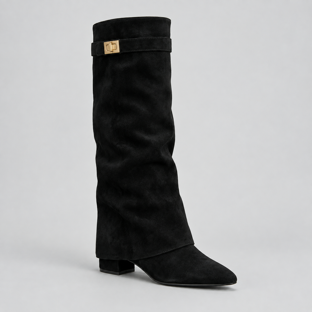 Women’s Knee High Boots with Low Block Heel & Gold Buckle Detail