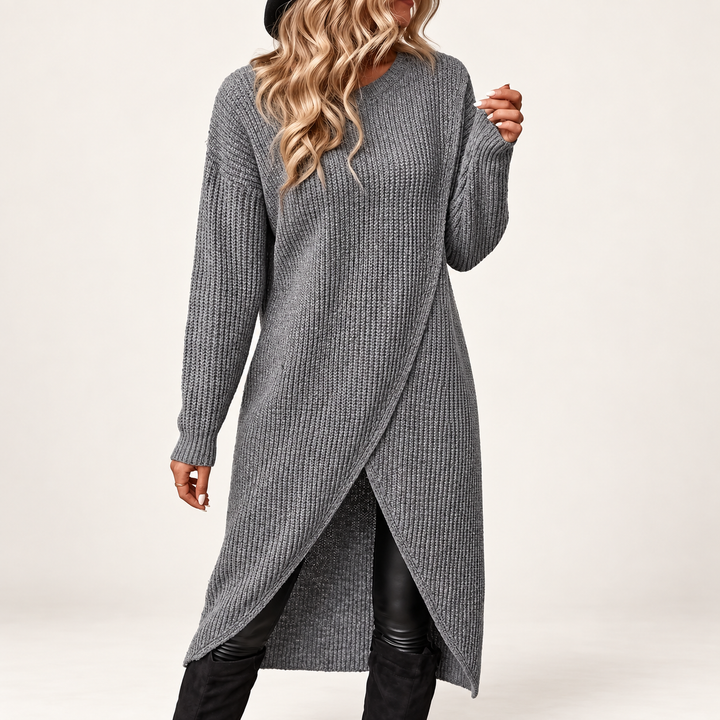Women’s Gray Ribbed Knit Sweater Dress | Long Sleeve Midi Tunic