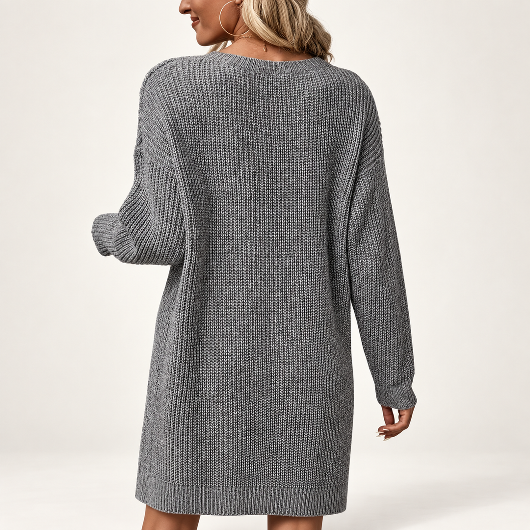Women’s Gray Ribbed Knit Sweater Dress | Long Sleeve Midi Tunic