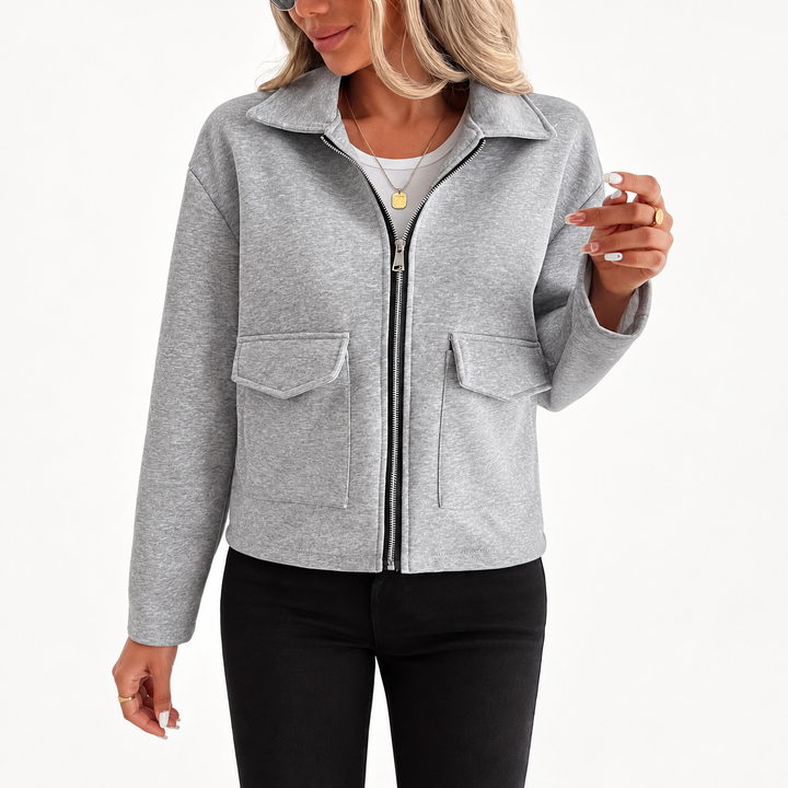 Women’s Gray Zip-Up Utility Overshirt - Long Sleeve with Flap Pockets