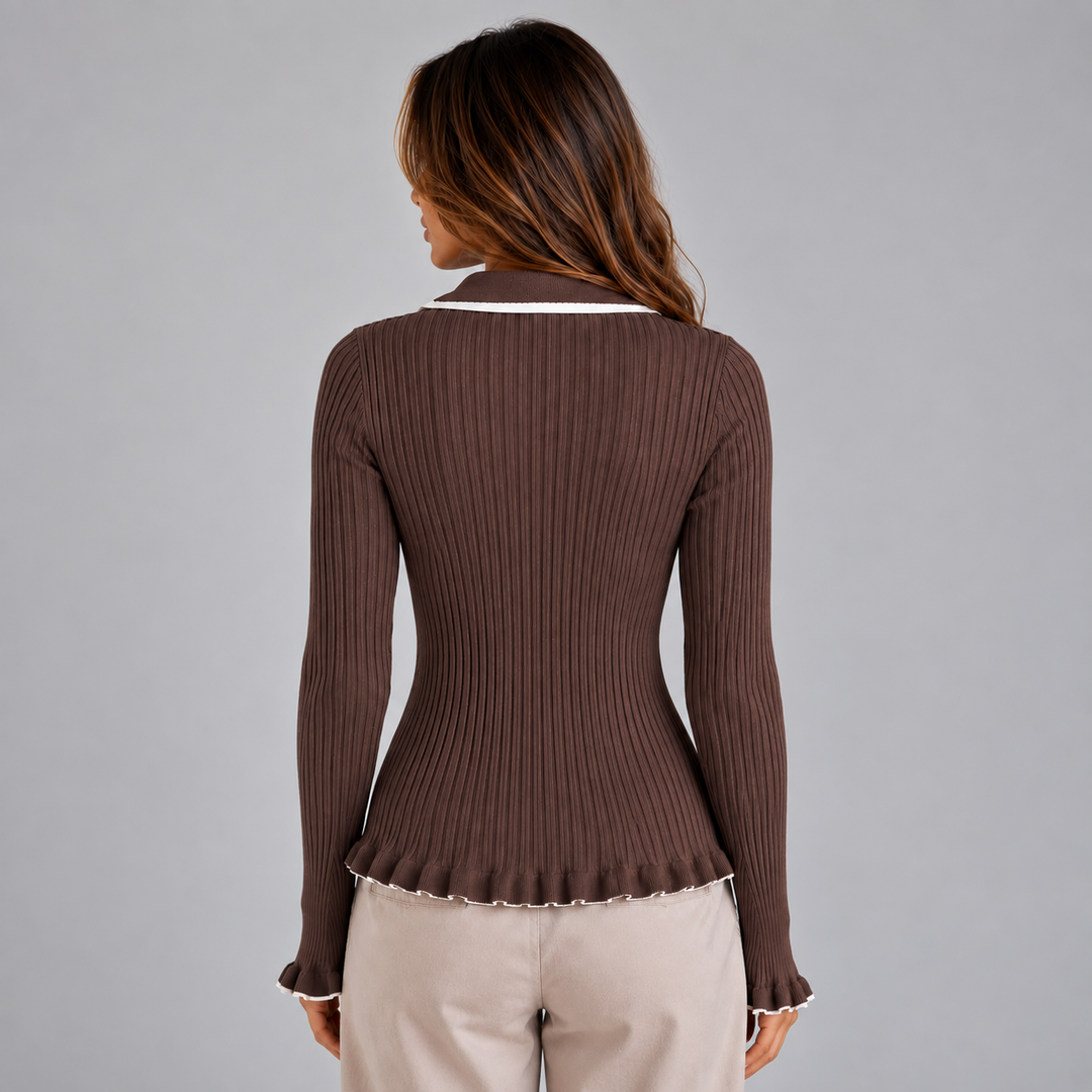 Women’s Ribbed Knit Long Sleeve Top | Contrast Collar & Gold Buttons