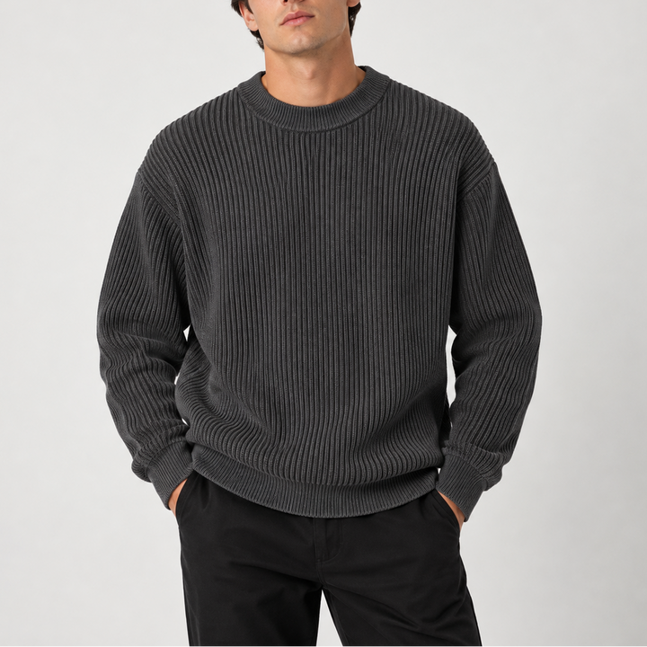 Men's Ribbed Crew Neck Knit Sweater – Relaxed Fit Pullover
