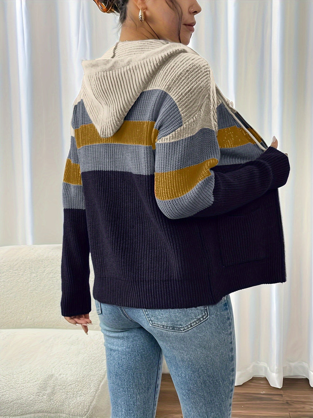 Susannah | Color-Block Hooded Zip Cardigan