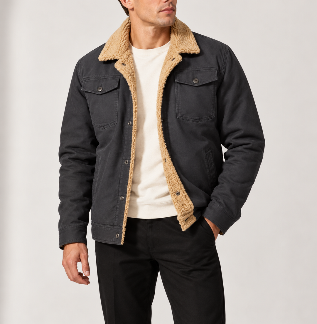 Men’s Sherpa-Lined Trucker Jacket with Fleece Collar and Chest Pockets