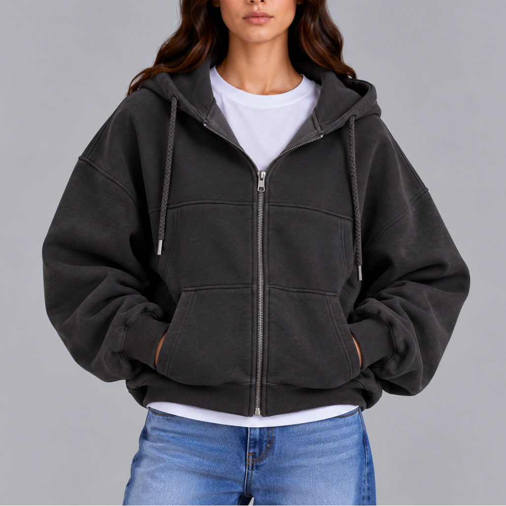 Women's Oversized Zip-Up Hoodie – Casual Relaxed Fit Hooded Sweatshirt